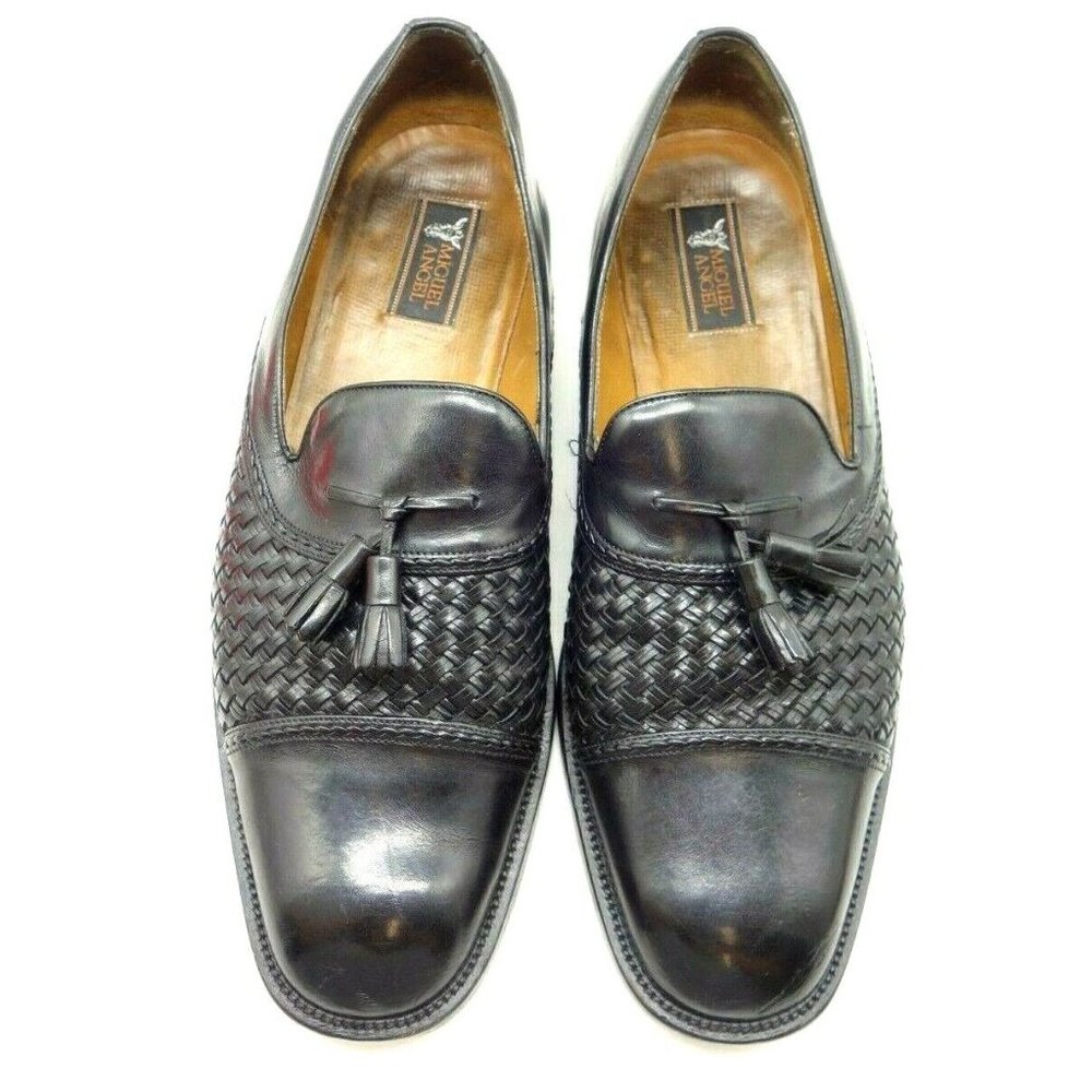 Miguel Angel Black Woven Leather Tassel Cap Toe Loafers Shoes Men's 11.5 M